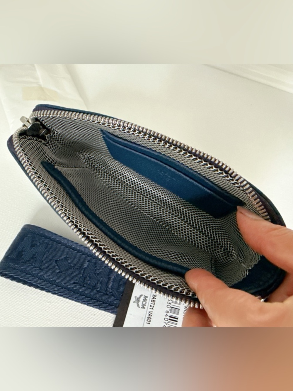MCM Navy Blue Leather Wristlet with Logo Webbing Strap - Picture 6 of 7